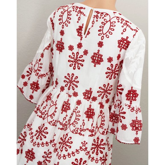 White Red Eyelet Embroidery 100% Cotton Cute Dress - Picture 6 of 10